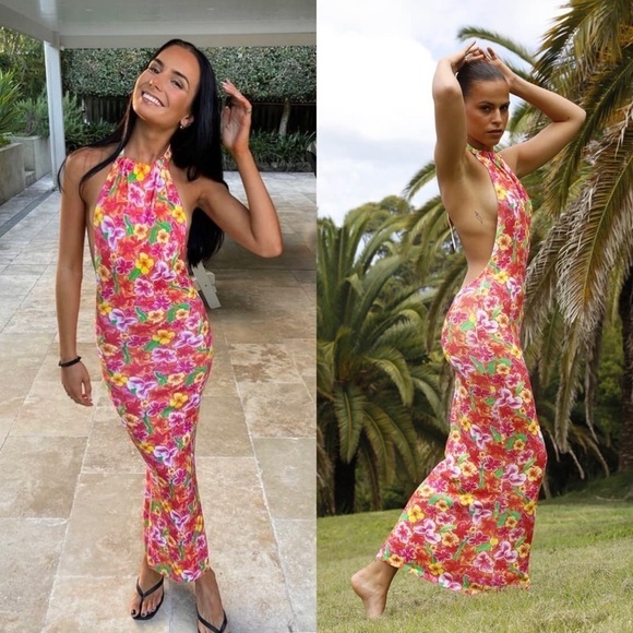 NWT ASTA RESORT Floral Print Knit Sleeveless Halter Neck Low Back Maxi Dress XS - Picture 1 of 15